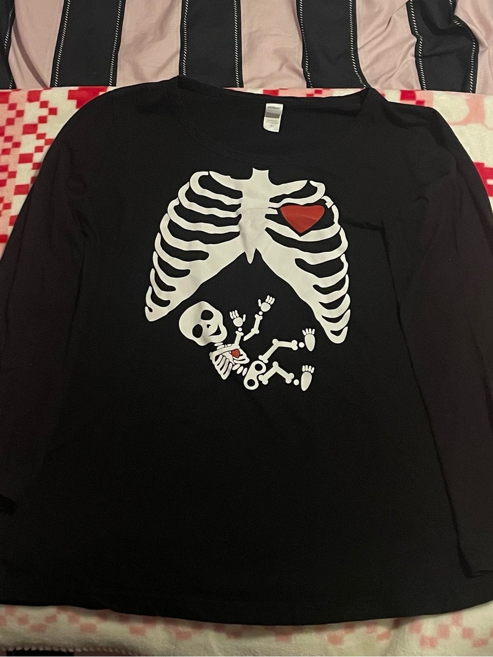 monaco Black Long-Sleeve Tee with White Skeleton and Red Heart